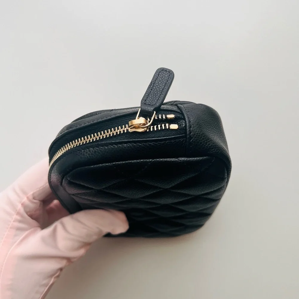 CHANEL Black Quilted Leather Cosmetic Pouch with Gold CC Logo